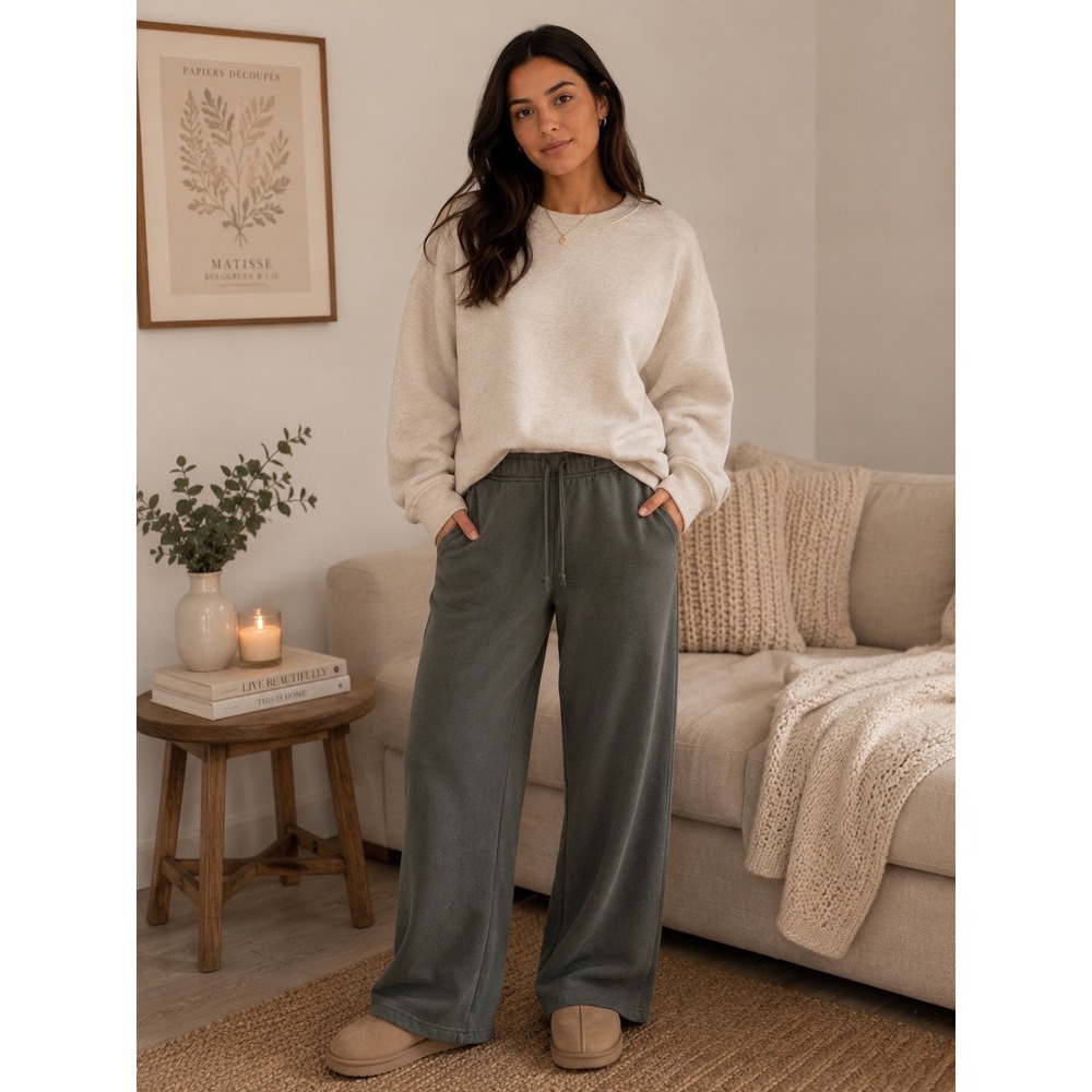 Lazy Sunday Wide Leg Sweatpants Dark Olive Green Drawstring Fleece Joggers XL